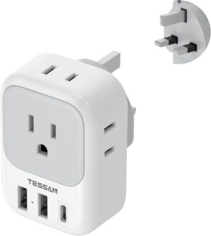 US to UK Plug Adapter, TESSAN Type G Travel Converter with 3 USB Charger(1 USB C Port), 4 Outlets Power Adaptor for USA to Qatar Ireland Hong Kong England Scotland Kenya Dubai London British